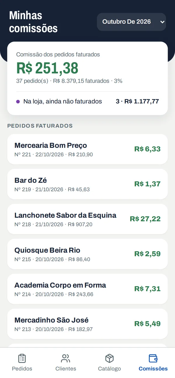 App de pedidos: comissões do mês