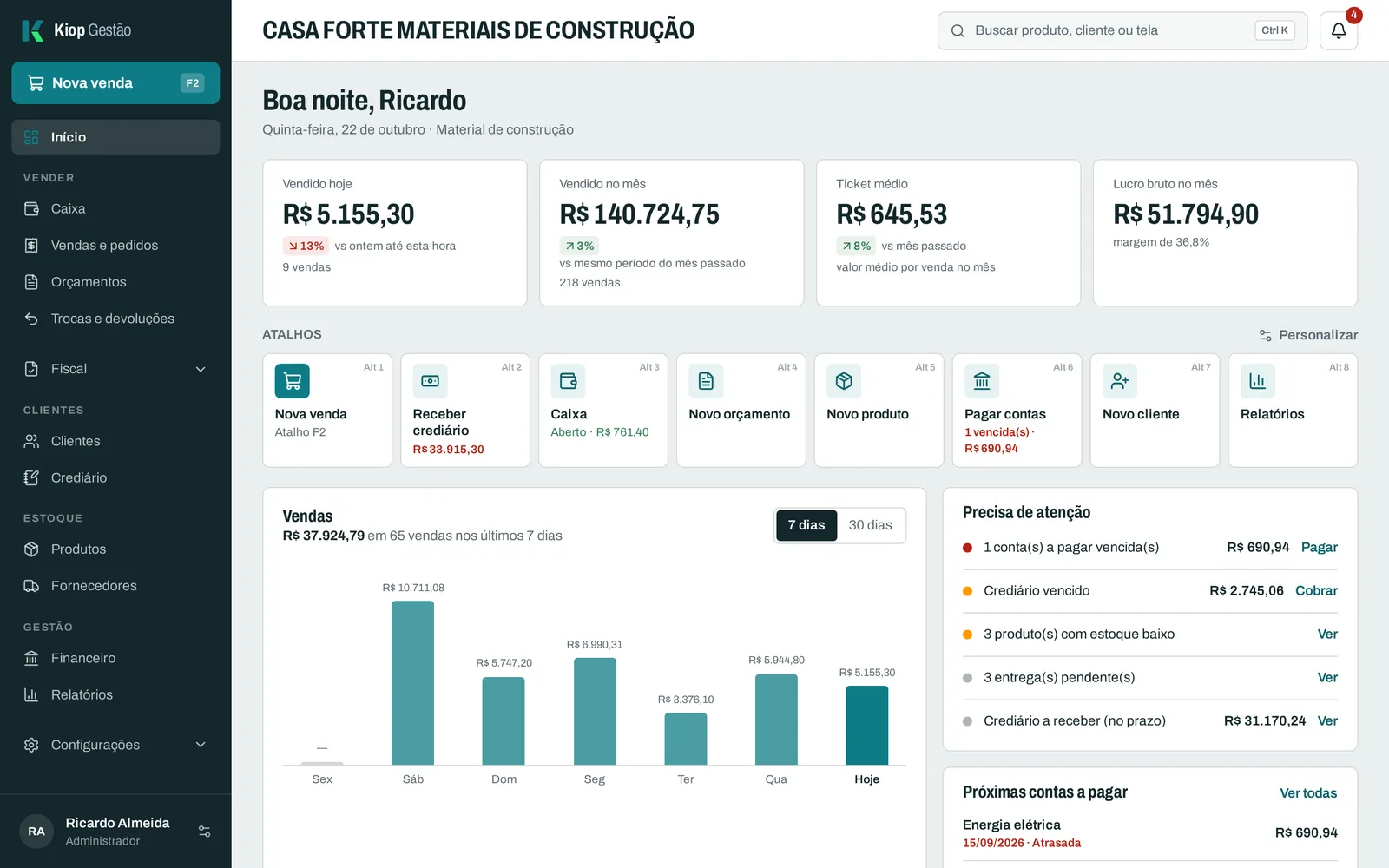 Tela inicial do Kiop numa loja de material de construção